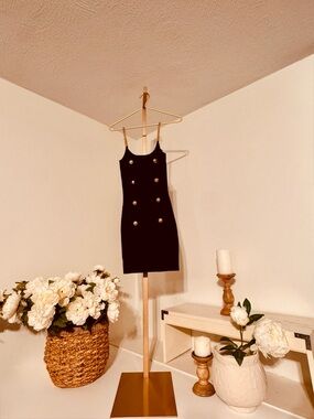 Gold-Button Black Chain-Strap Mini Dress